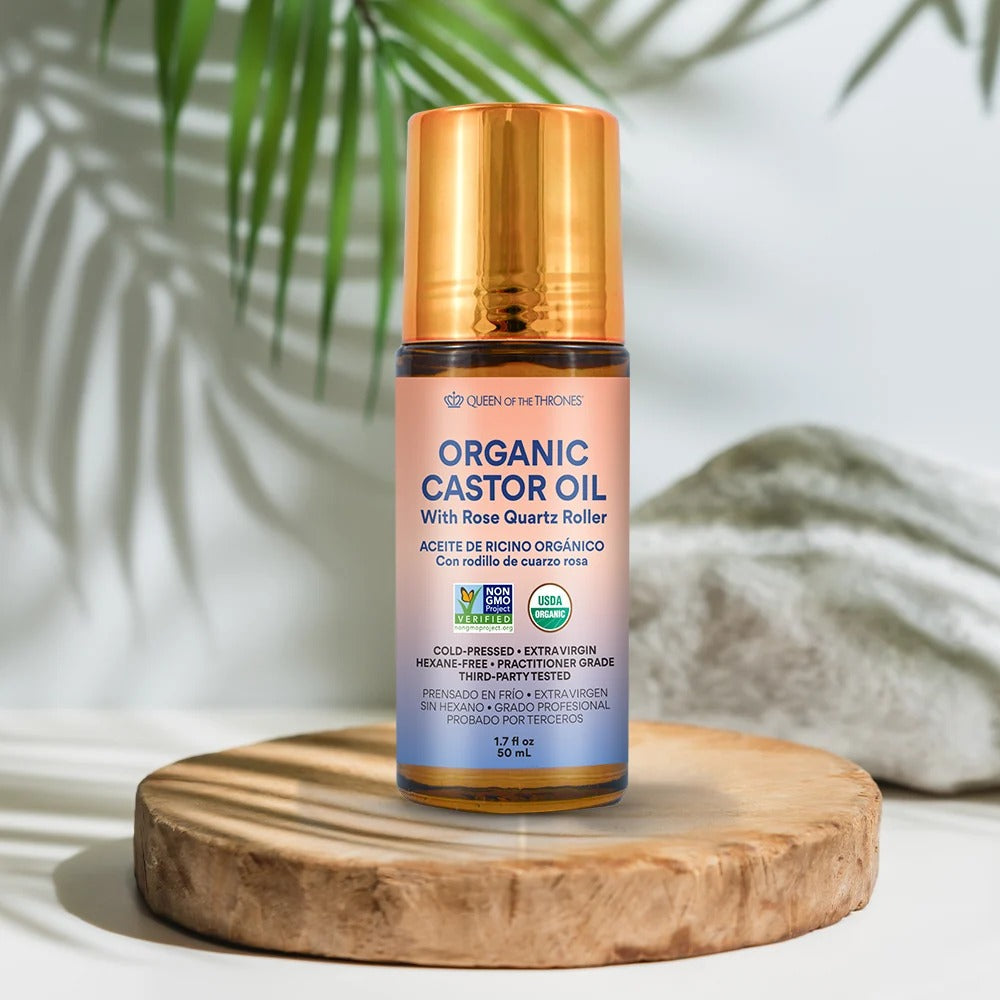 Organic Golden Castor Oil Roll-On with Rose Quartz Roller | Facial & Beauty Oil